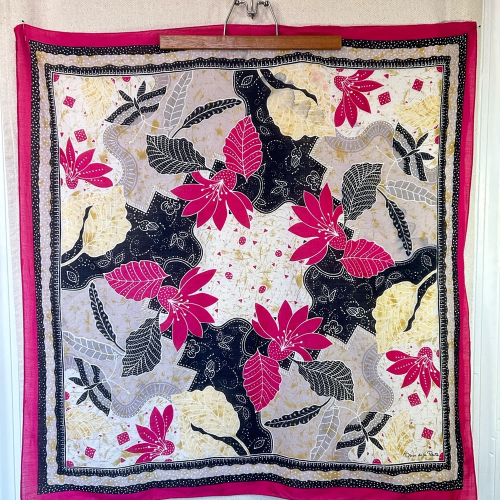 Vintage Oscar de la Renta Pink, Black, Cream Floral Silk Scarf 30x30”